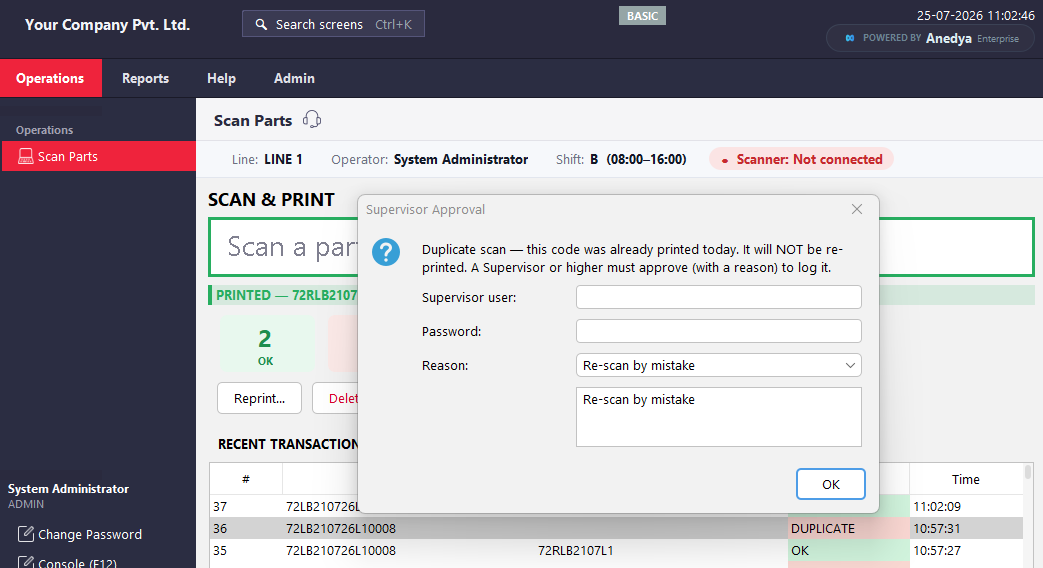 ScanNetra blocking a repeat scan: a dialog says the code was already printed today and will not be re-printed without a supervisor's approval and a reason.