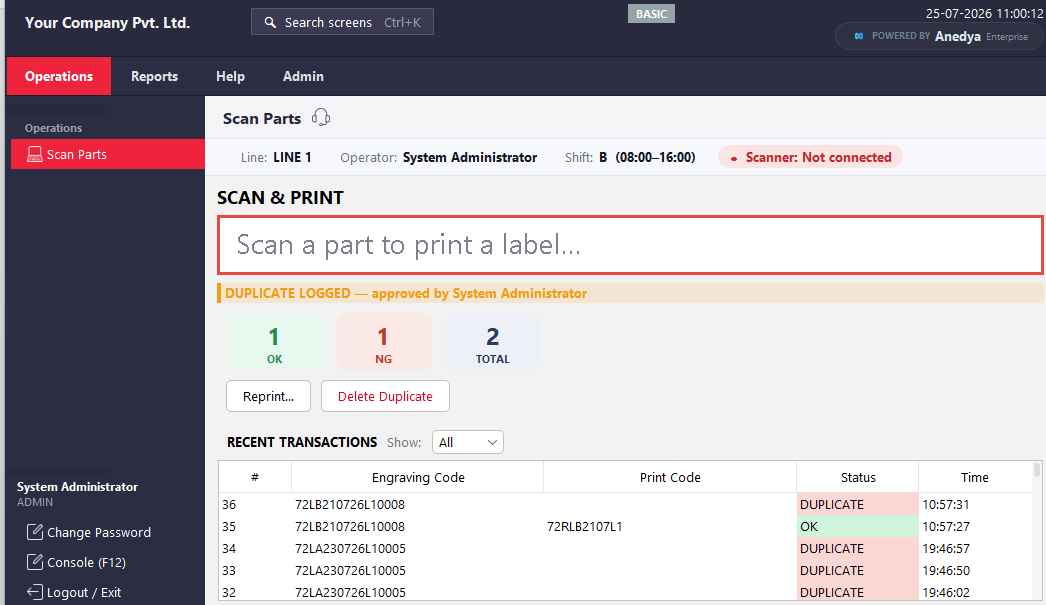 The ScanNetra scan screen, with OK and NG counts and recent transactions showing duplicates flagged.